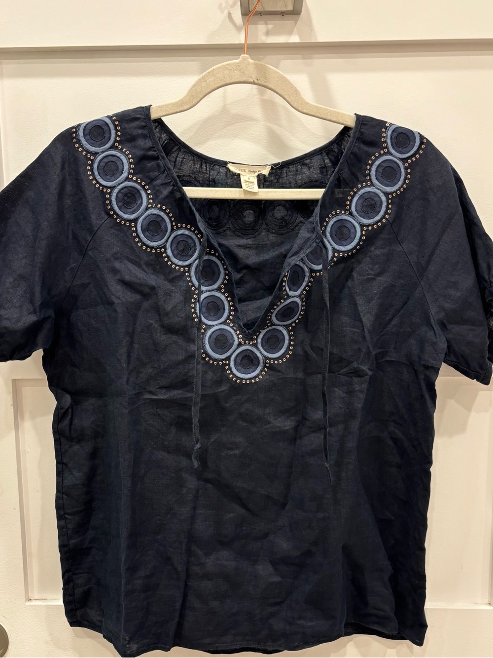 J. Crew Navy Embroidered V-Neck Linen Tunic with Circular Trim